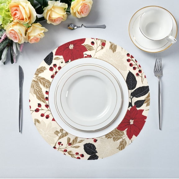 15.4" Round Placemat Set of 1 Polyester Fabric Place Mats Non-Slip Dining Kitchen Table Mats for Kitchen Party Decor Red and Blacks Holly Leaves