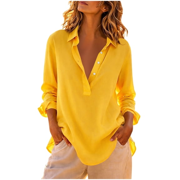 Lmueinov Womens 100% Cotton Blouses Collared Long Sleeve V-Neck Casual Tops Button Front Loose Fit Solid Trendy Going Out Shirts for Everyday Wear