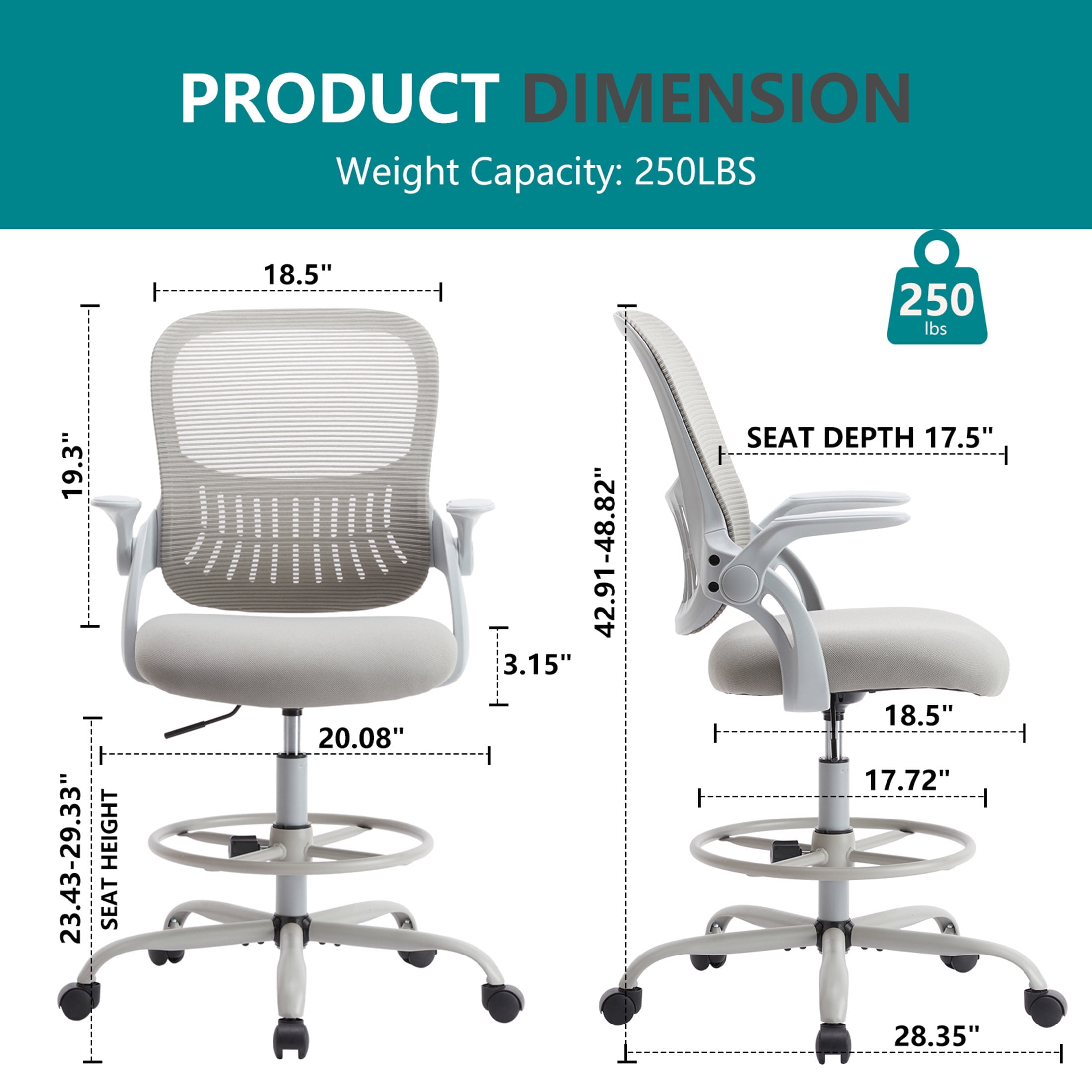 JOINSUN Home Office Desk Chair, Ergonomic Mid Back with Adjustable Height, Lumbar Support, Gray