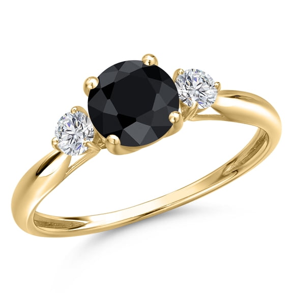 Gem Stone King 10K Yellow Gold Black Sapphire and Lab Grown Diamond 3-Stone Ring for Women | 1.37 Cttw | Round 6MM | Gemstone September Birthstone | Size 7
