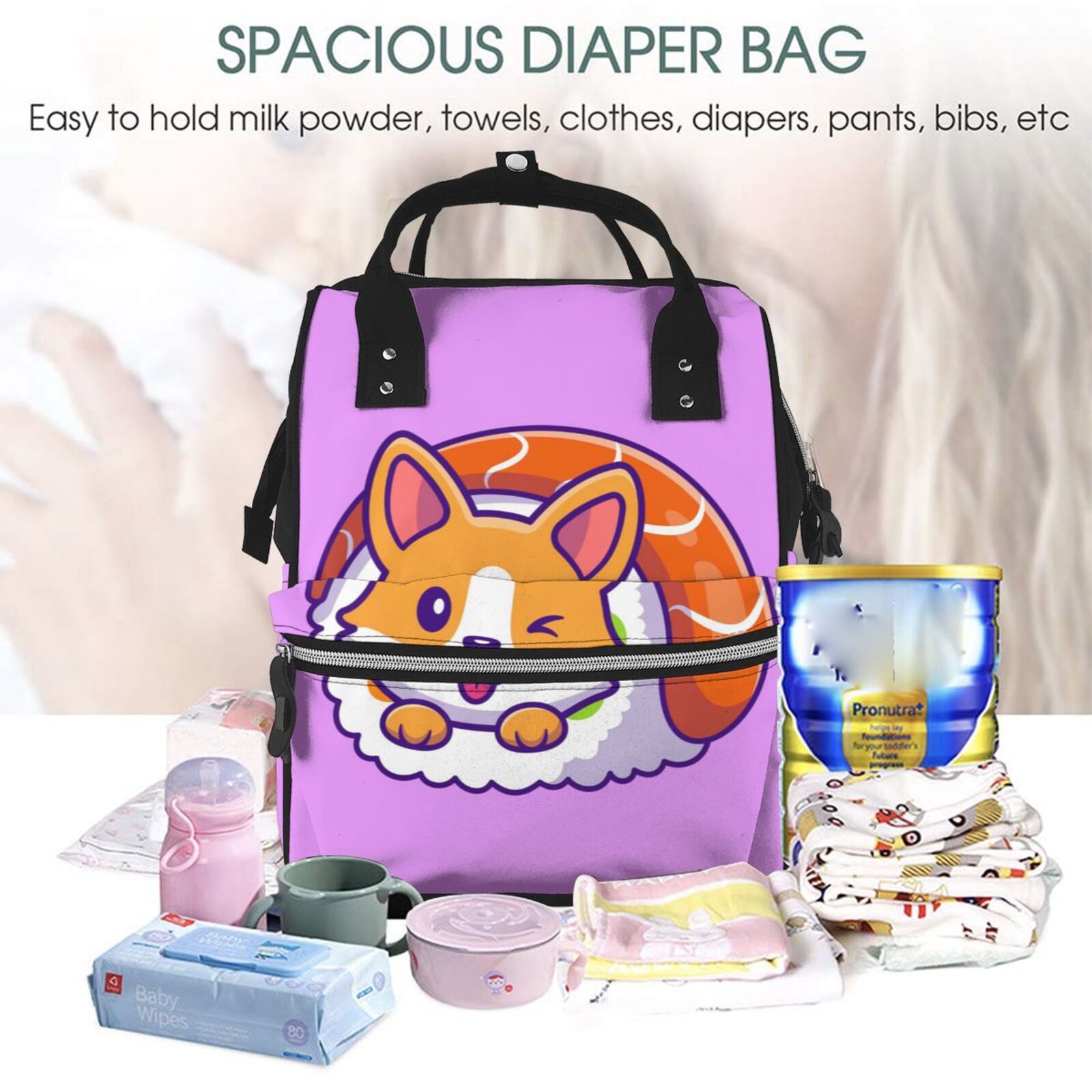 Ratiio Corgi In Sushi Roll Mummy Backpack - Waterproof Twill Canvas, Large Capacity Diaper Bag with Multiple Pockets and Adjustable Straps