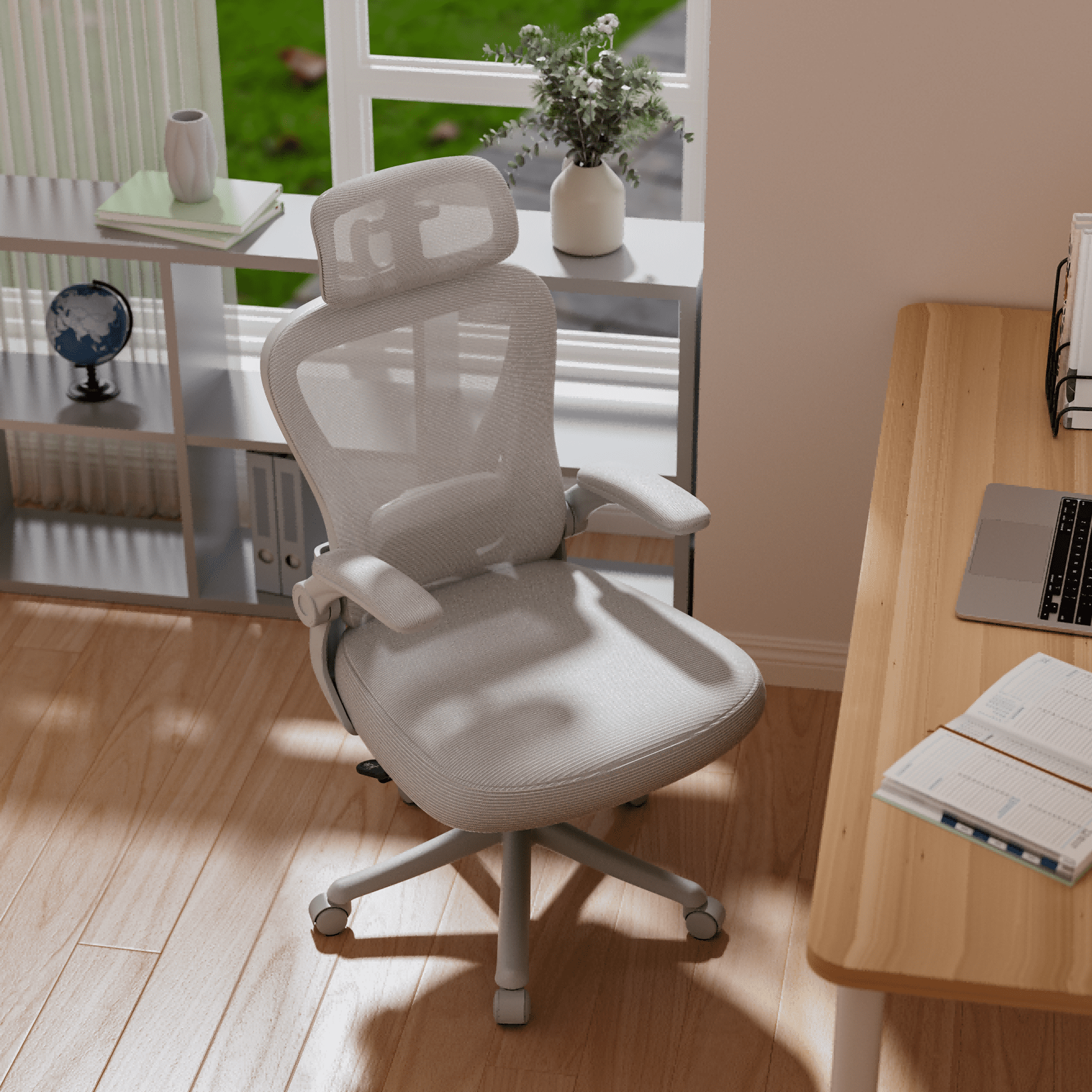 Ninecer Ergonomic Office Chair, Computer Desk Chair with Wheels, High Back Mesh Office Chair with Adjustable Lumbar Support, Headrest, Flip-Up Armrests, Gray