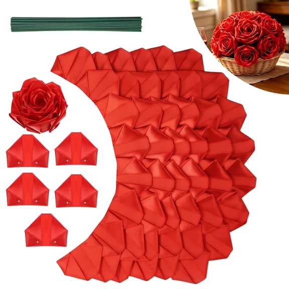 TSV 200pcs Red Premade Satin Ribbon Rose Petals, Half-Finished Petals for Eternal Rose, DIY Flowers Bouquets Crafts for Valentine, Graduation, Wedding, Anniversary