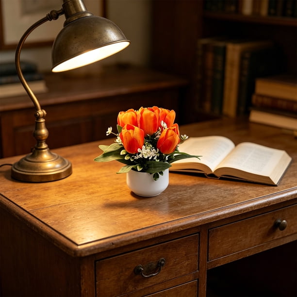 Tulipanes Artificiales En Miniatura En Maceta – Flores Artificiales En Maceta para Decoración de Escritorio, Bonsái de Planta Verde Artificial para Estante o Mesa.
