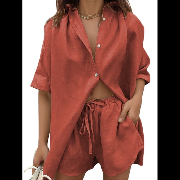 Conjunto de Chándal de 2 Piezas para Mujer, de Verano, con Top de Corta y Pantalones Cortos. Rojo Ladrillo M