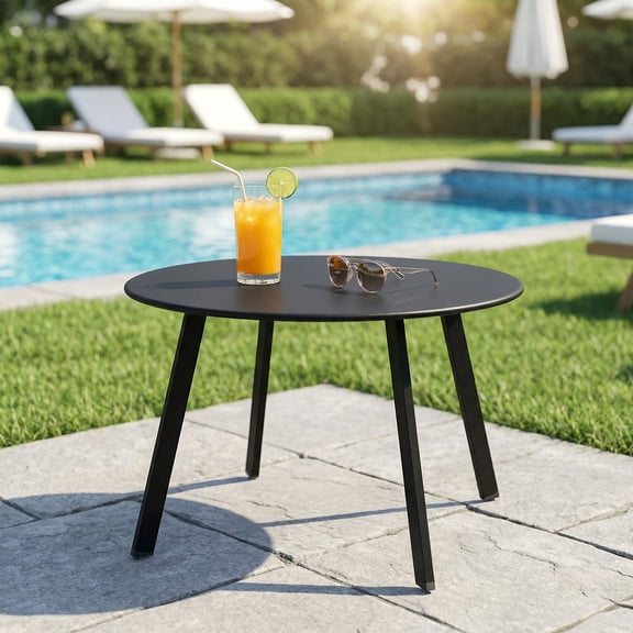 EVERITE 27.5" Outdoor Round Steel Coffee Table, Black