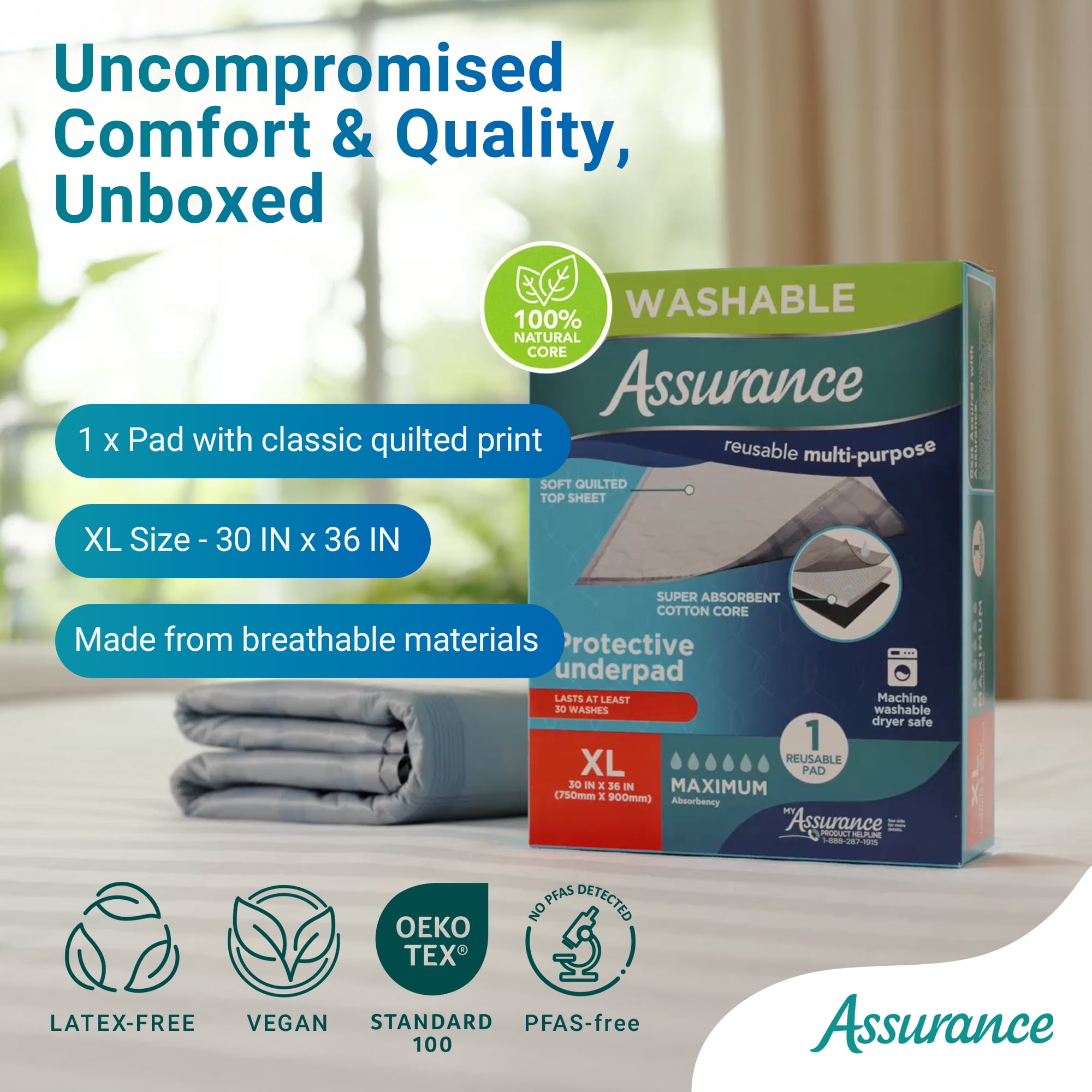 Assurance Washable Protective Underpad for Incontinence, XL, Maximum Absorbency
