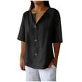 thumbnail image 2 of Horkkom Short Sleeve Button Up Women Summer Solid Color Linen Shirts with Pocket Casual Loose V Neck Cardigan Black S, 2 of 6