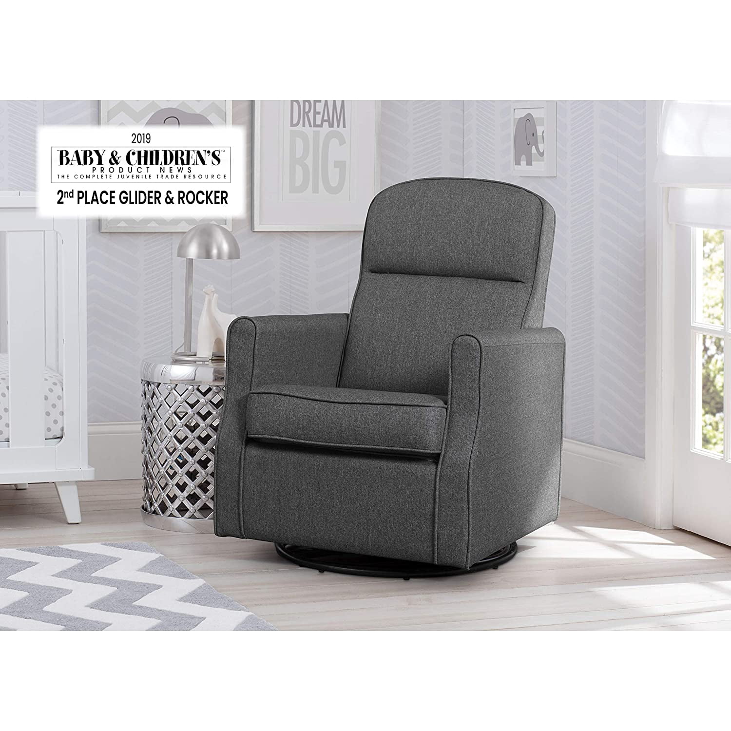 Delta Children Blair Slim Nursery Glider Swivel Rocker Chair, Charcoal