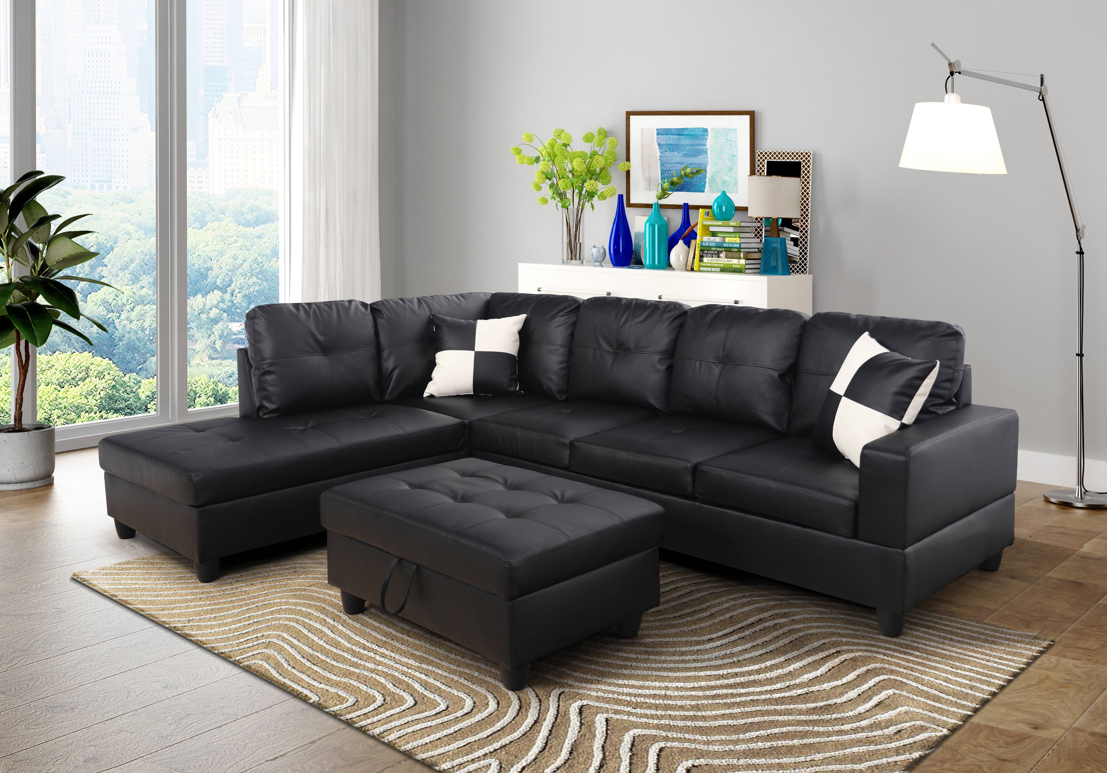 black leather sofa and ottoman