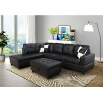AYCP Furniture L Shape Sectional Sofa with Ottoman, Left Chaise, Black Faux Leather