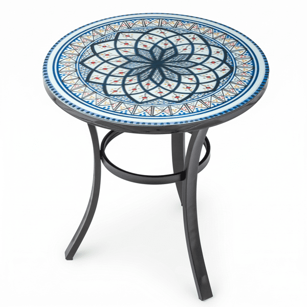 19.5 inch Side Table, Round Iron Top with Tripod Legs, Indoor Outdoor Accent End Table, Blue & White Mandala Mosaic