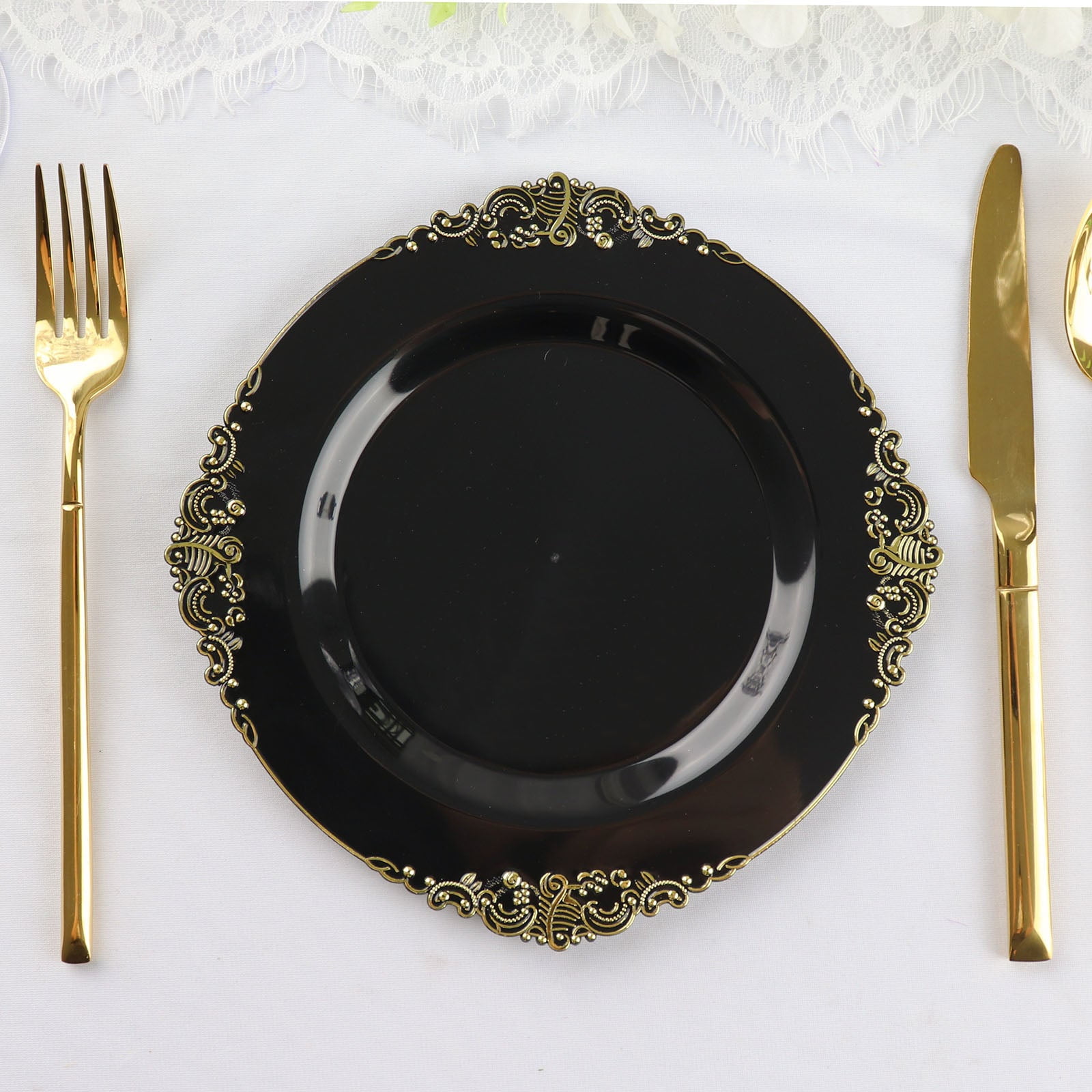 10 Pack Black And Gold Brush Stroked Round Plastic Dessert Plates
