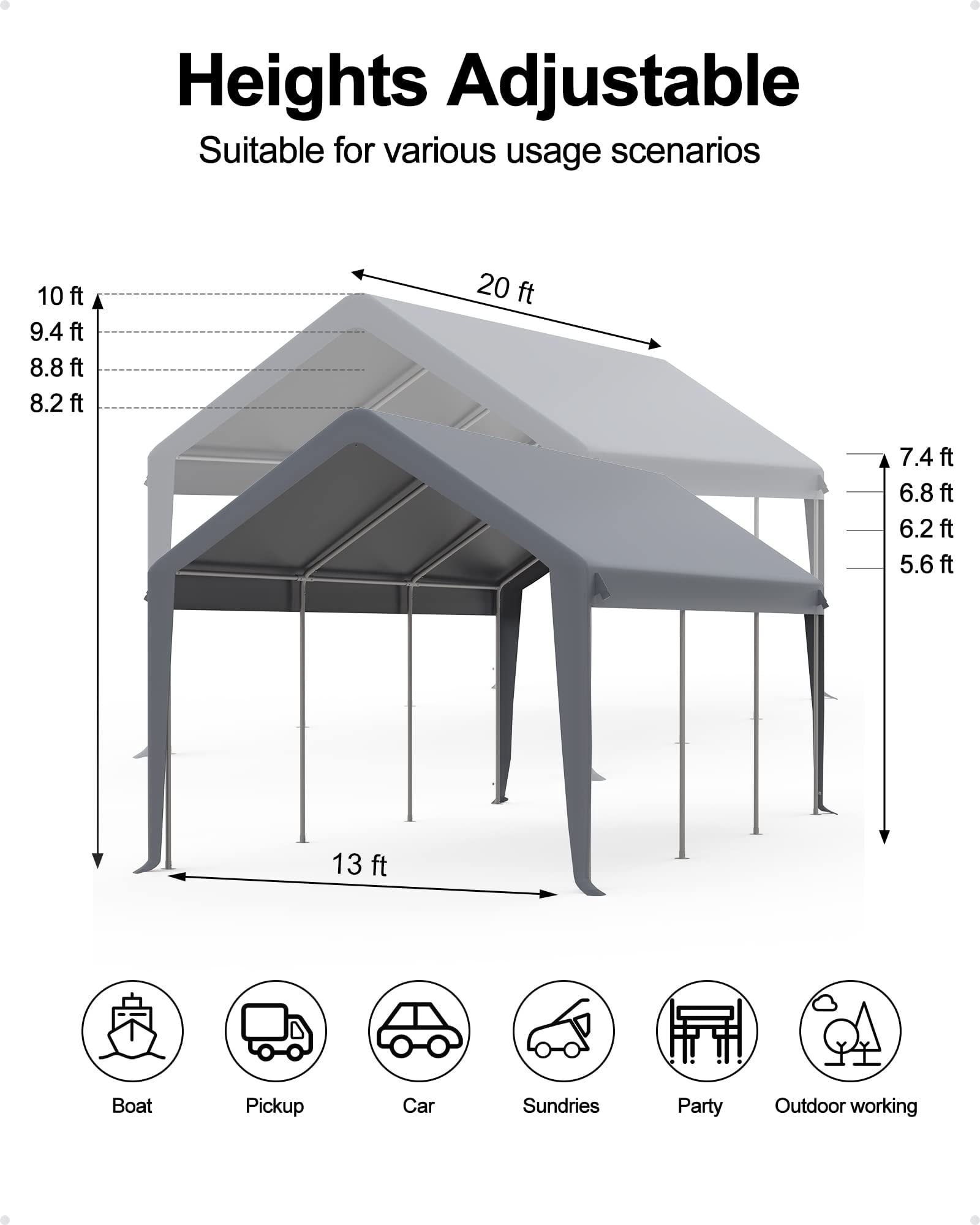 Garvee 20'x 10'x 11' Windproof Carport Top Replacement Cover, Heavy-Duty, Grey