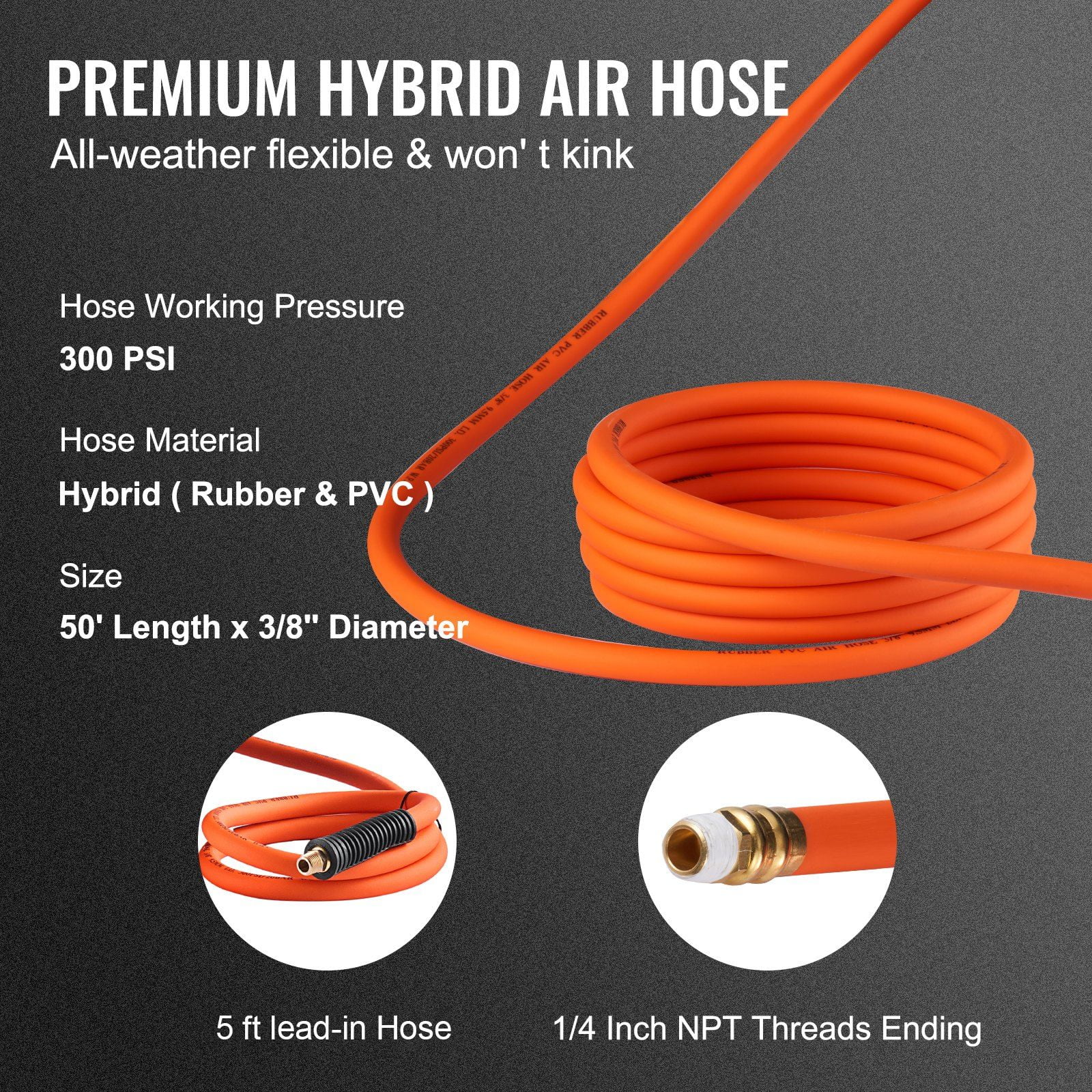 50FT Retractable Air Hose Reel - 3/8" Hybrid Hose (300PSI) w/ Auto Rewind - Heavy Duty Steel for Wall/Ceiling Mount - Industrial & Garage Use