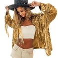 thumbnail image 2 of Sequin Fringe Jacket Shiny Disco Cowgirl Outfit Sparkly Theme Y2K 90s Streetwear Jacket Glitter Tassel Coat Long Sleeve Open Front Jacket Fall Outfits Gold One Size, 2 of 7