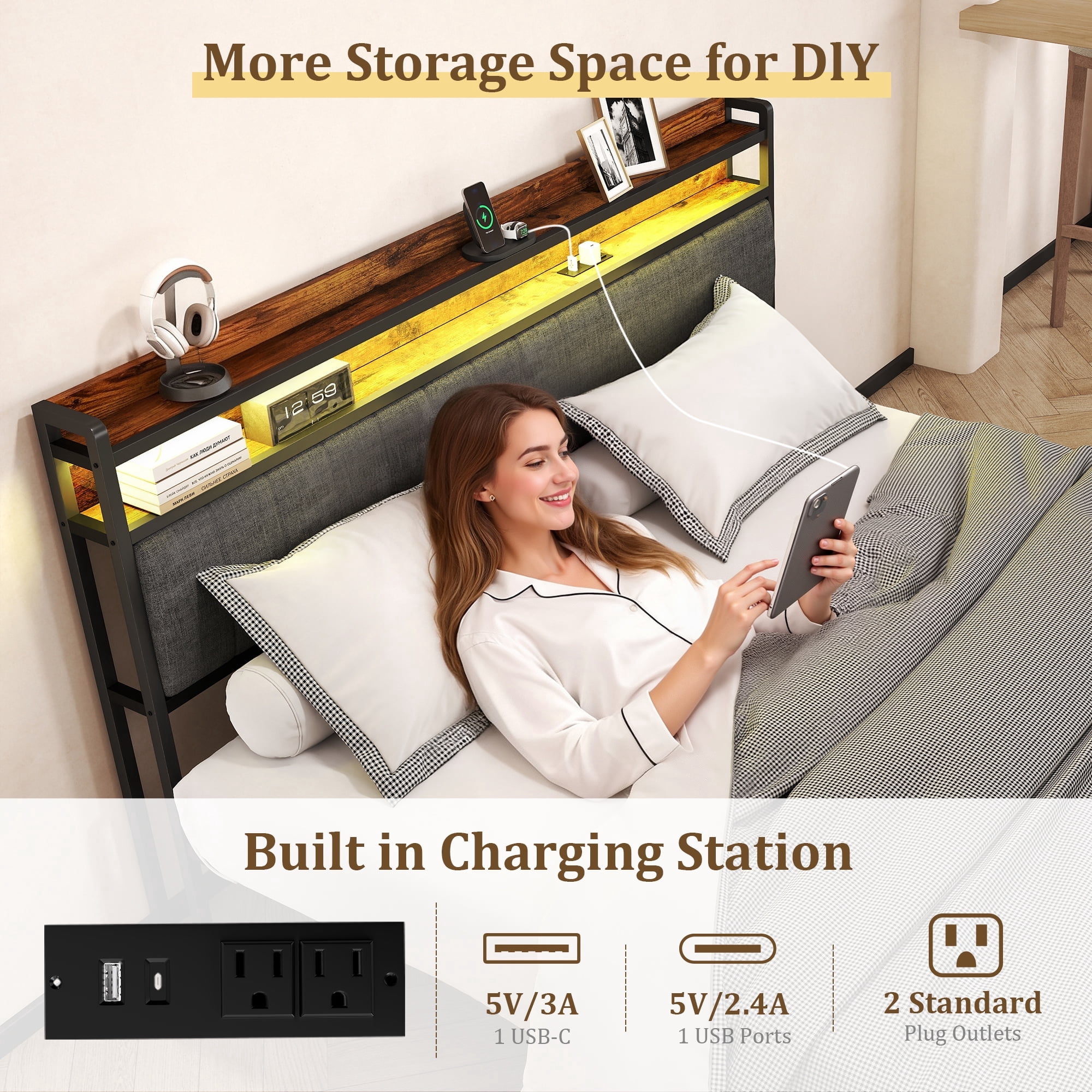 Furnibear LED Queen Bed Frame with Upholstered Storage Headboard and Drawers, LED Platform Bed with Charging Station, No Box Spring Needed