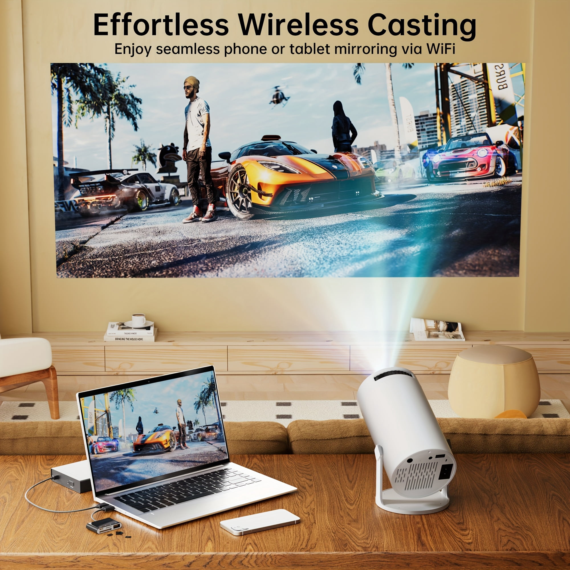 2025 Android 11 Smart Projector: 4K Decode Native 1080P, WiFi 6 & BT 5.2, Auto Keystone, Portable Home Theater Mini LED Movie Projector