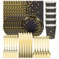 thumbnail image 1 of Juego de 24 vajillas negras y doradas con platos, vasos y servilletas de papel, cuchillos, tenedores y cucharas de polipropileno para decoración de fiestas de graduación, 1 of 8