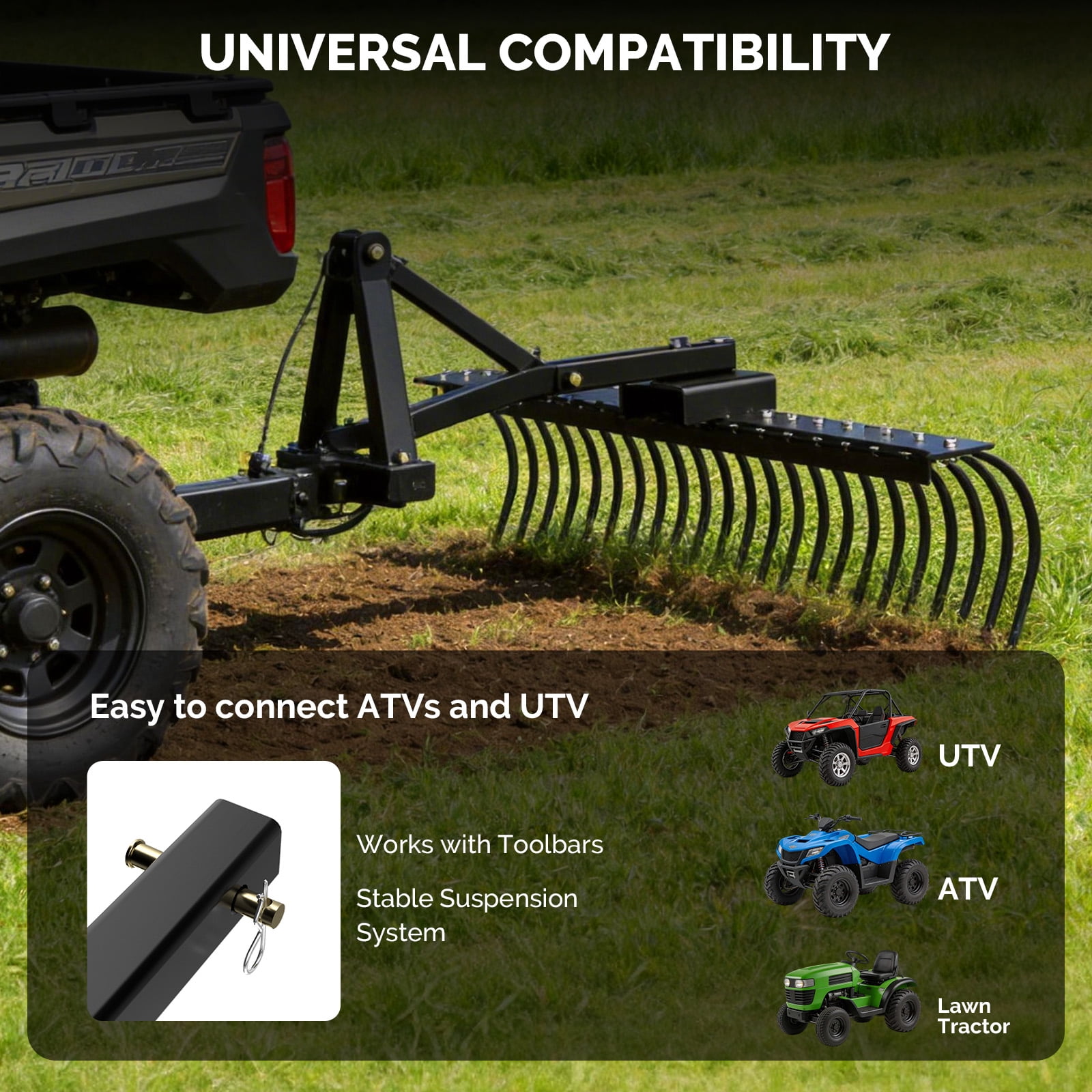 Ktaxon 60" Tow Behind Dethatcher, Lawn Rake with 21 Steel Tines for ATV/UTV & Tractor 3-Point Hitch