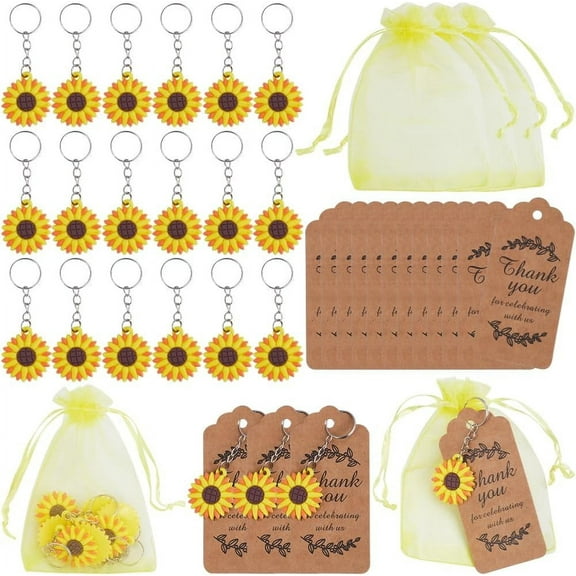 90Pcs Sunflower Keychain Set Sunflower Keychains Flower Keychain Party Favors with Thank You Kraft Tags Organza Bags Wedding Souvenirs for Guests Wedding Birthday Return Gift Supplies Mixed Color