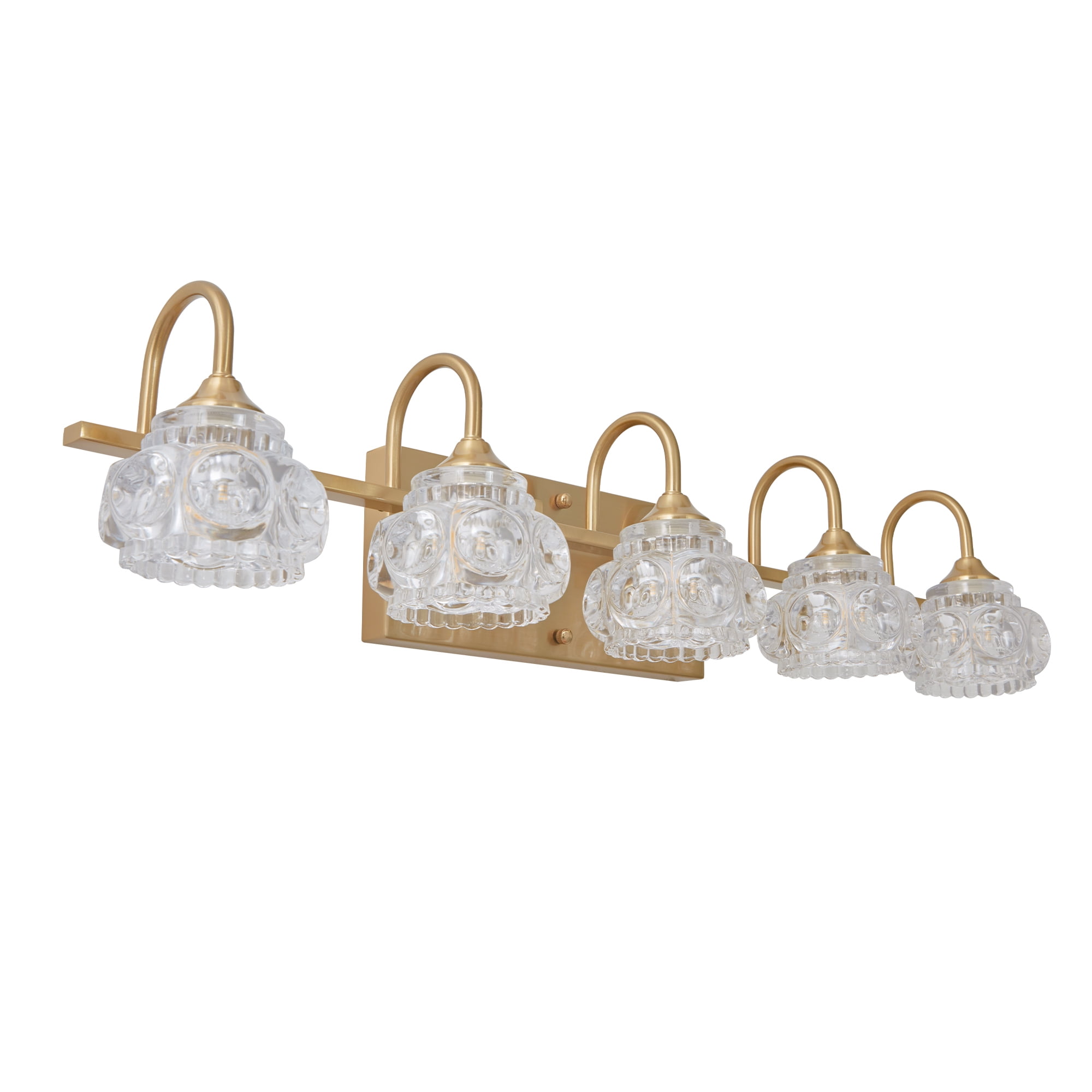 Leumius Retro 5-Light Bathroom Vanity Light Fixture - Golden Finish with Crystal Glass Shades, Wall Mounted Lighting for Bathroom, Powder Room, and Vanity Mirror (No Bulbs)