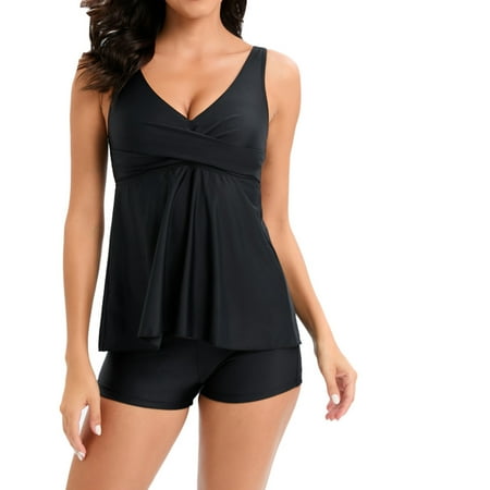Swimsuits for Women Modest Tankini Bathing Suits with Boyshorts Swimdress Women s Sexy High Breast Contrast Solid Bikini Set Two Piece Swimsuit Sets Black L