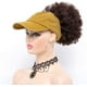 thumbnail image 5 of Nvzi Paquete de 2 gorros de cola de caballo sin espalda, gorros de pelo rizado natural, gorras de béisbol con cordón y cola de caballo (morado y amarillo), 5 of 5