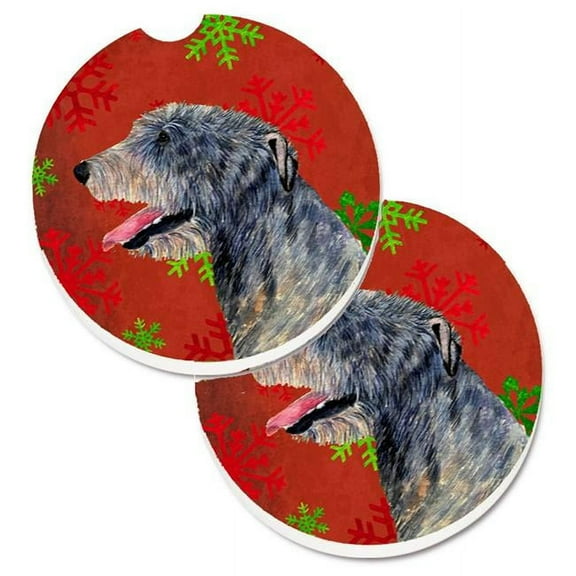 Irish Wolfhound Red & Green Snowflakes Holiday Christmas Set of 2 Cup Holder Car Coaster