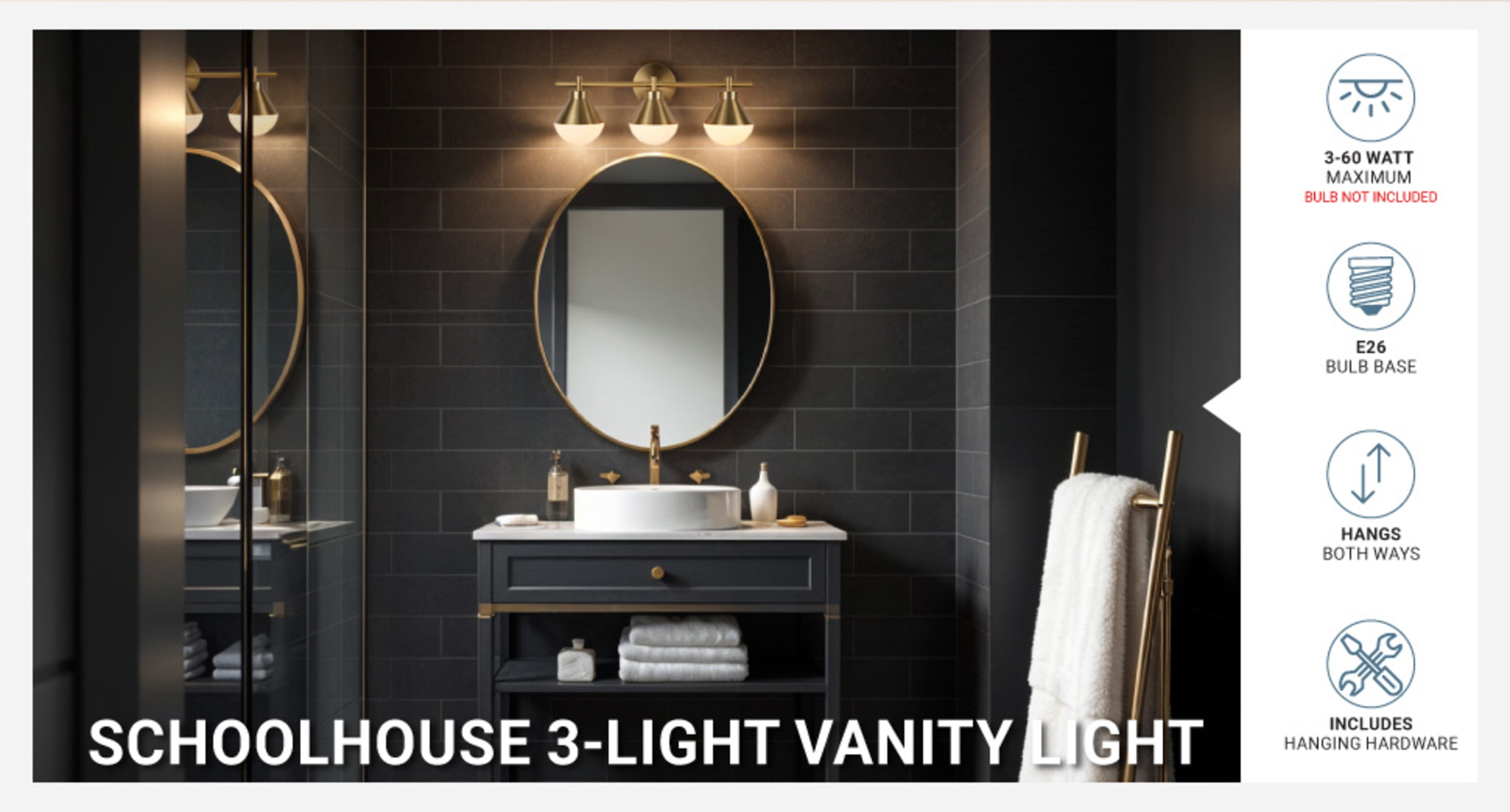 Kenroy Home Schoolhouse 23'' Vanity Light 3-Light Wall Light Fixture Transitional Table Light Fixture for Bathroom, Hallway, or Office, Brushed Gold