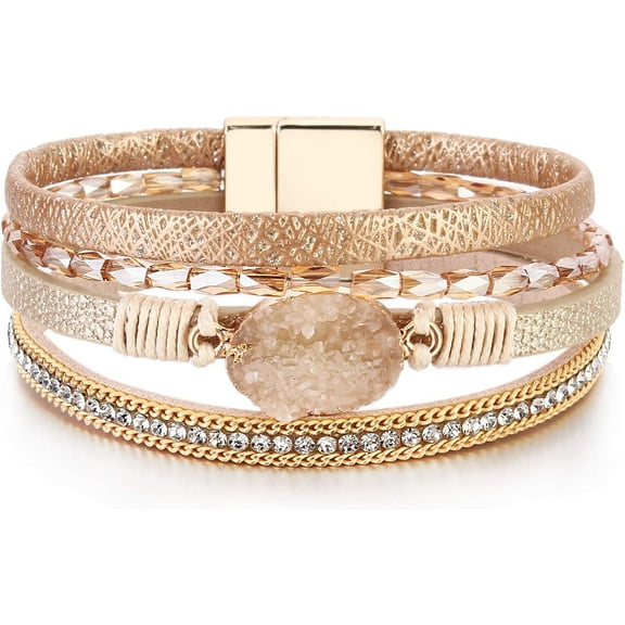 JennyShop Crystal Bead Bracelet with Magnetic Clasp Jewelry Gifts for Women, Trendy Leather Wrap Bracelet Cuff Bangle Bracelets