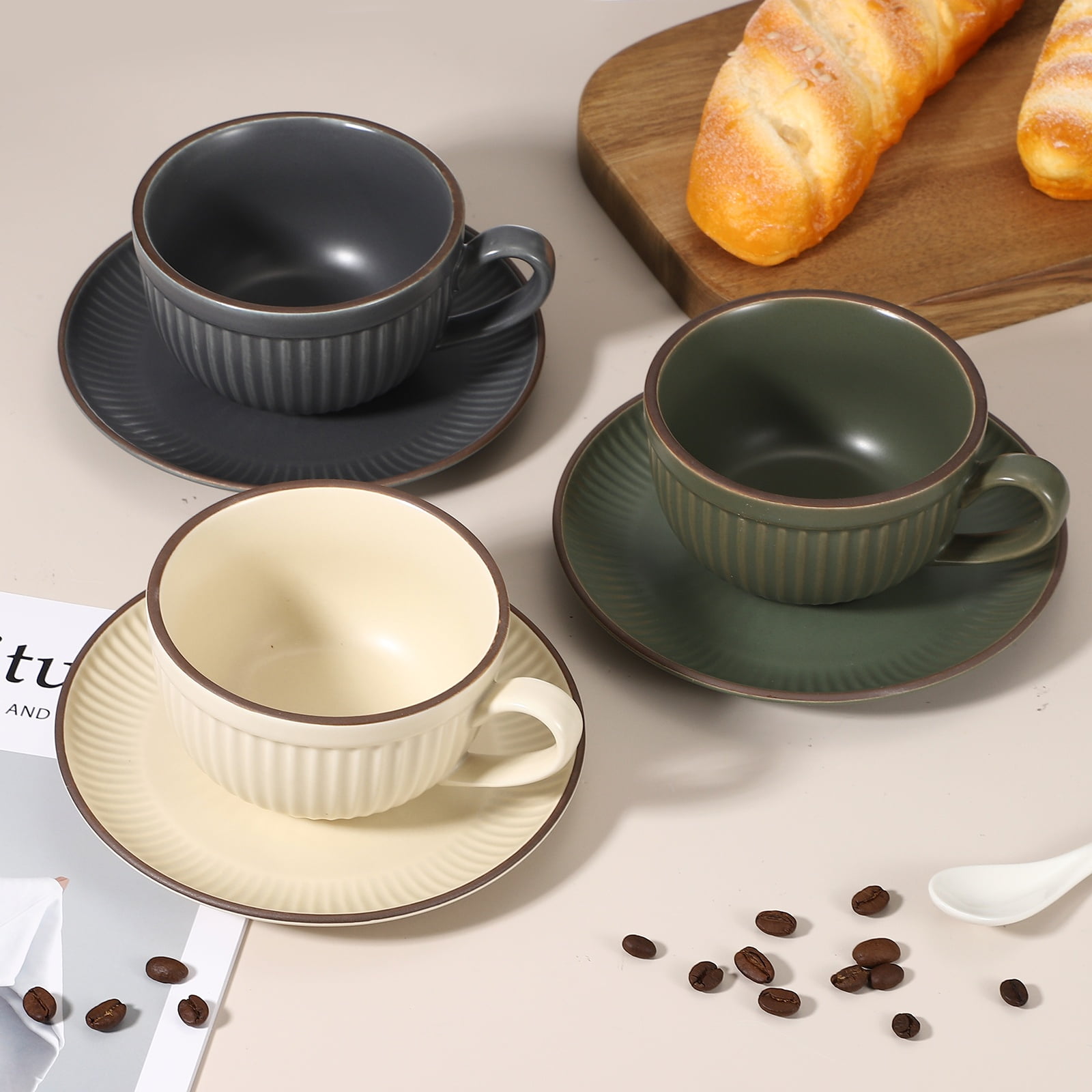 Uxcell Handmade Vintage Espresso Cups, 9.5 oz Stripe Coffee Cups and Saucers Ceramic Tea Cup with Handle Dishwasher and Microwave Safe for Latte Cappuccino Milk Office Home Gifts, Dark Green