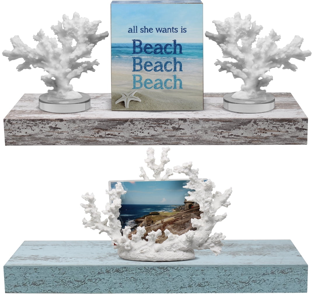 Sorbus 16.25" Blue White Rustic Floating Shelves (Set of 2) – Wall Storage for Décor, Frames, Trophies