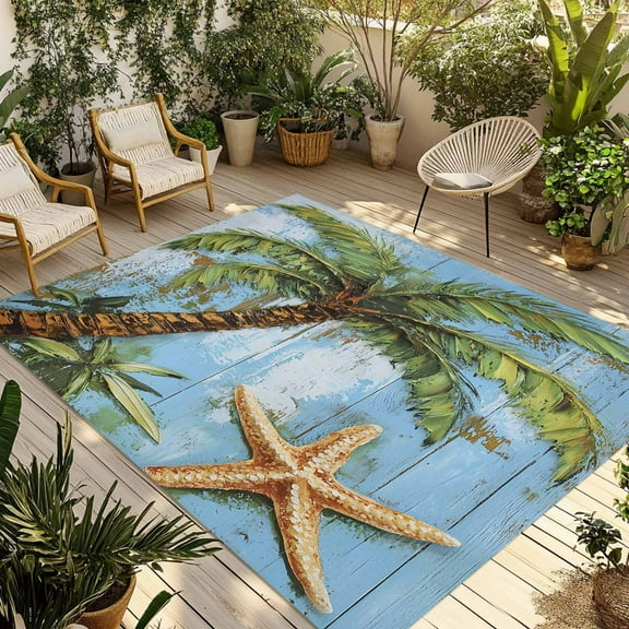 Fsddascl Coastal Beach Outdoor Rug for Patio/Deck/Porch, Non-Slip Large Area Rug 4 x 6 Ft, Oil Painted Tropical Palm Tree Starfish Indoor Outdoor Rugs Washable Area Rugs, Camping Rug Carpet