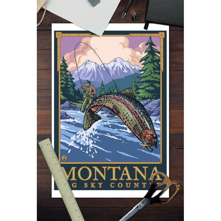Montana -- Big Sky Country - Fly Fishing Scene: Retro Travel Poster Wall  Art, Canvas Prints, Framed Prints, Wall Peels