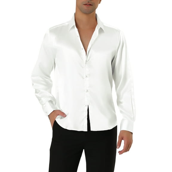 MODA NOVA Big & Tall Men's Satin Long Sleeve Button Down Slim Fit Dress Shirt White L