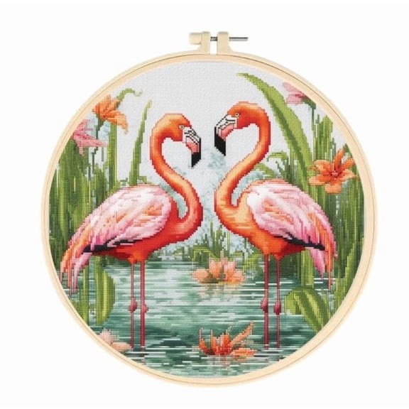 Flamingo Birds Easy Cross Stitch Kits for Starter Kits DIY 11CT Pre-printed Stamped Patterns Embroidery Cross Stitching Needlework Kit Set Supplies with Hoop 35x35cm (a78)