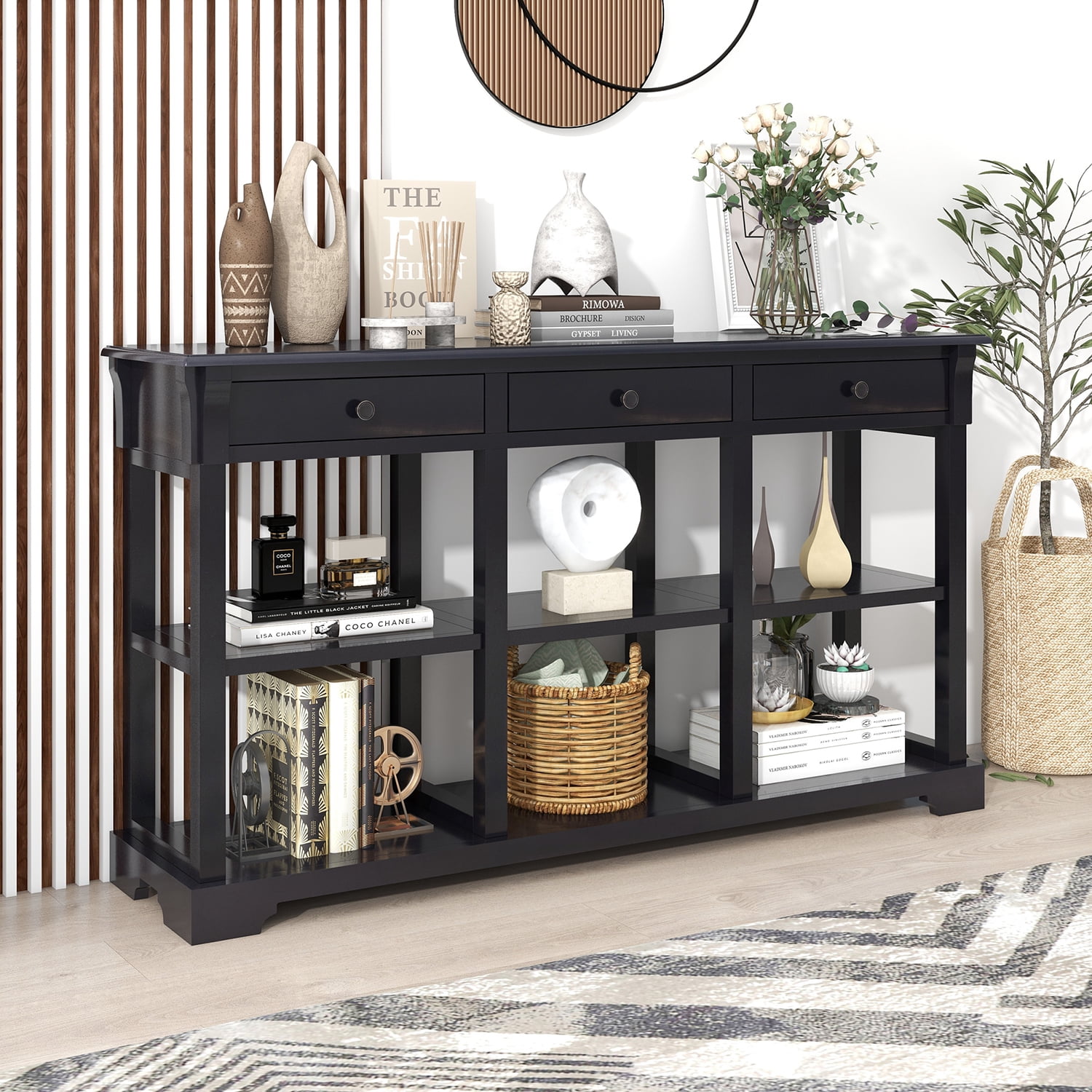 Kadyn Retro Console Table, Solid Wood Sofa Table with Open Shelves and Drawers, Modern Sideboard Console Table for Living Room, Espresso Kadyn Retro Console Table, Solid Wood Sofa Table with Open Shelves and Drawers, Modern Sideboard Console Table for Living Room, Espresso