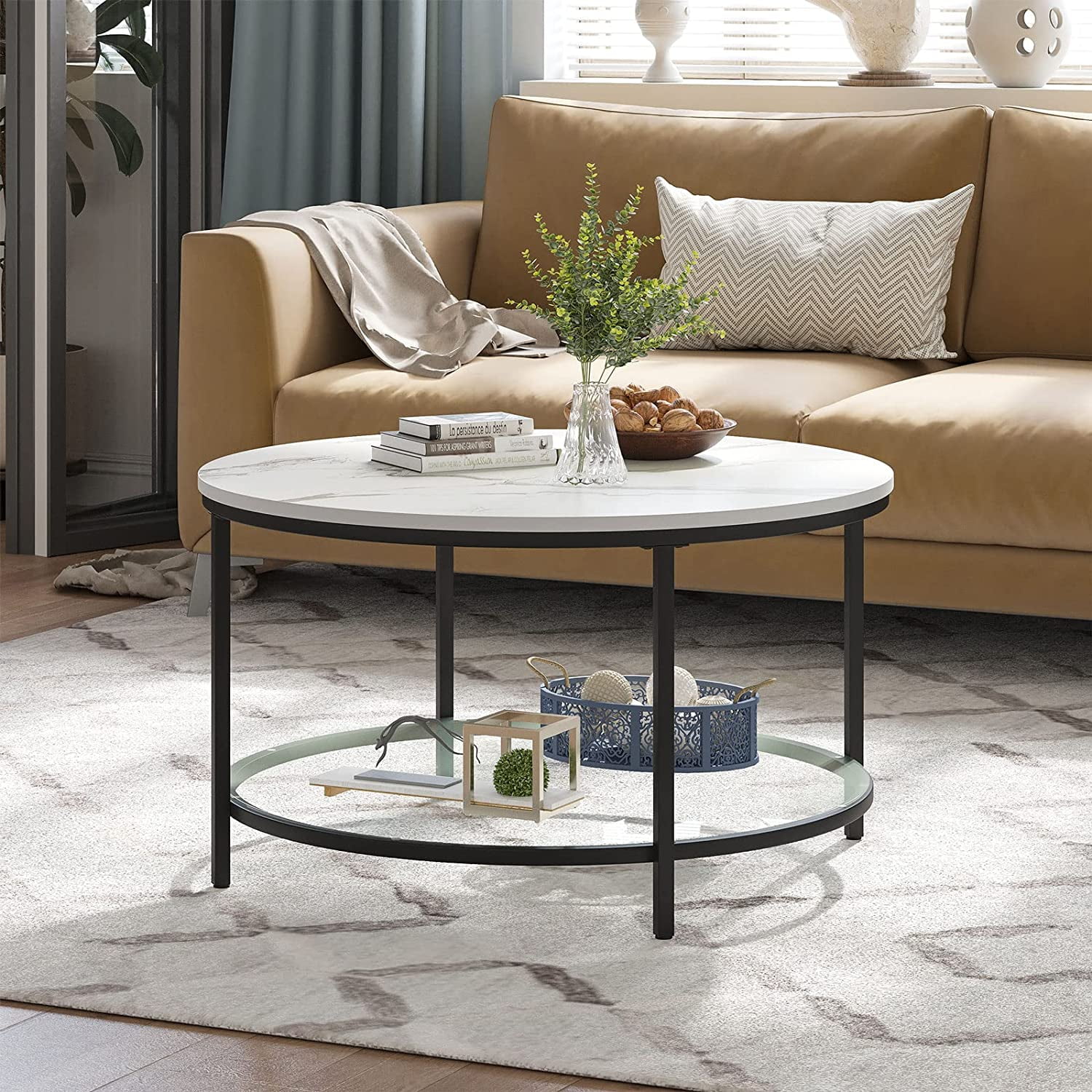 Buy YITAHOME Round Coffee Table with Glass, Black Coffee Tables for ...