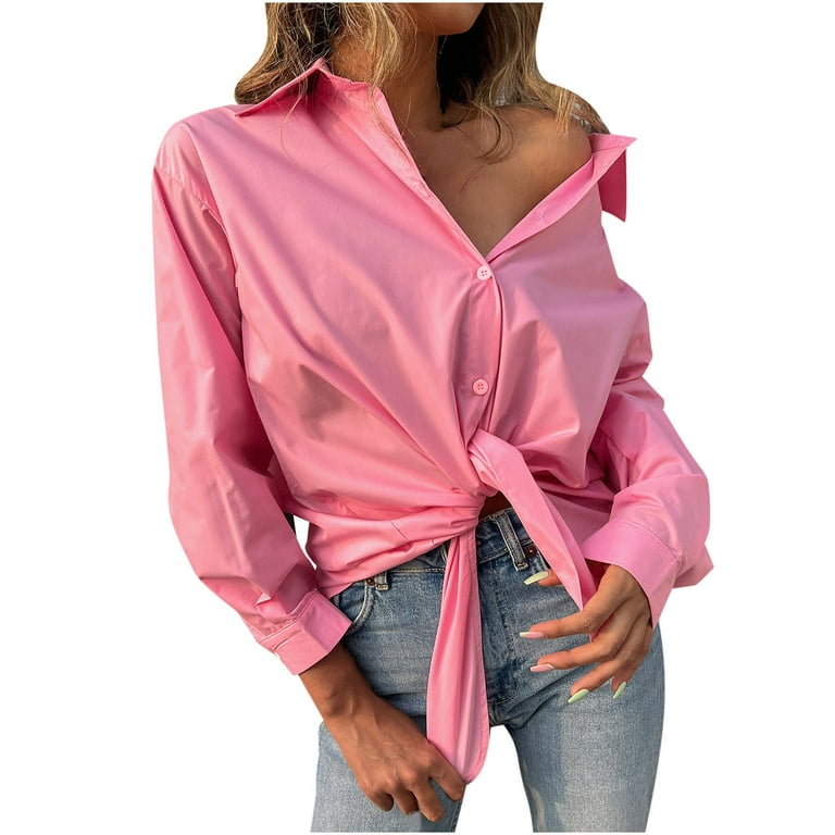 Long Sleeve Shirts Comfy Button Down Collared Solid Plus Size Tops for Women Tunic Tops to Wear with Leggings Flowy Hide Belly Long Shirt Dressy Pink