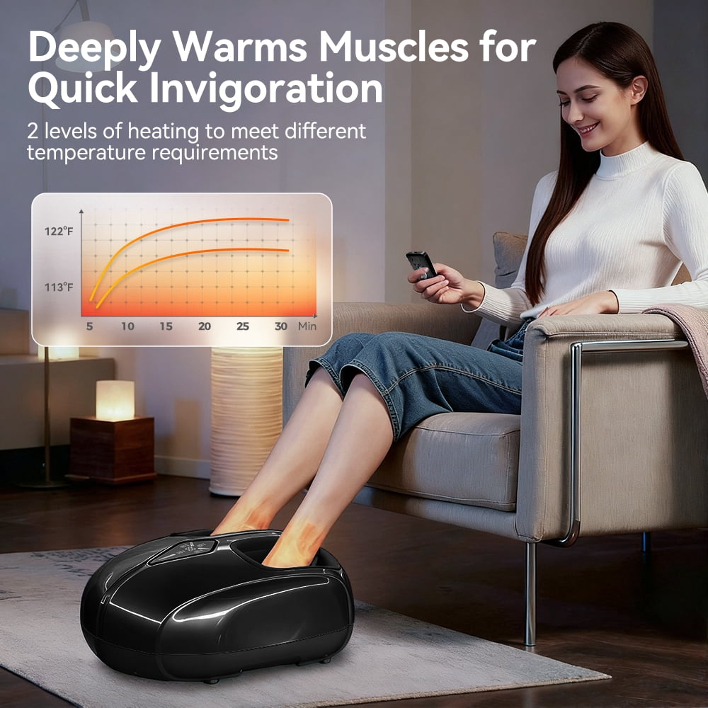 Foot Massager with Heat, Caveen Shiatsu Feet Massager Machine with 4 Modes & 5 Intensities, Auto-off Timers, Relax for Home or Office, Black