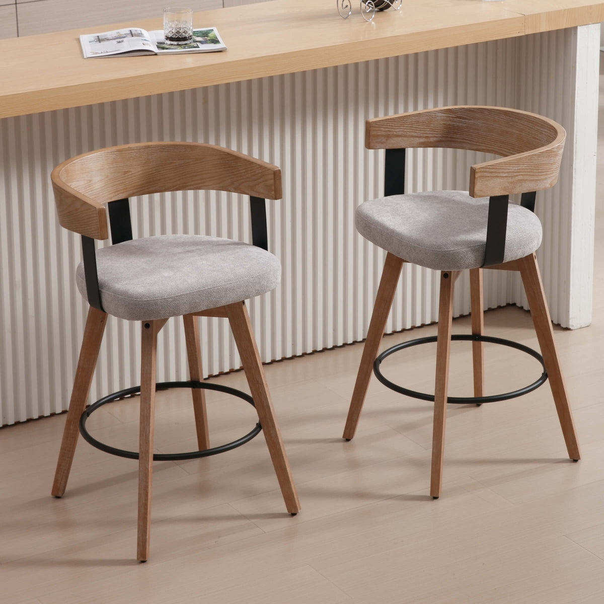 Guyou Modern Linen Upholstered 360-Degree Swivel Bar Stool Set of 1,26" Counter Height with Footrest & Backrest,Ideal for Kitchen Island & Home Bar, Grey