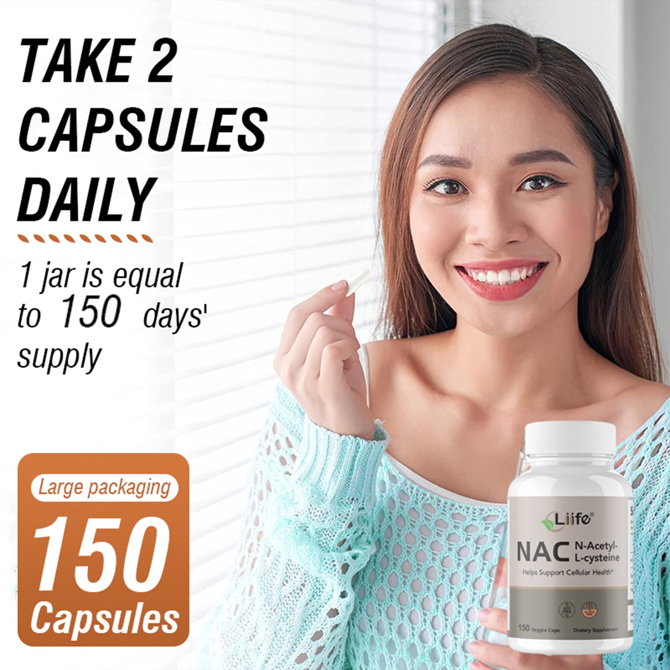 Liife NAC Capsules,with N-Acetyl-L-Cysteine and Quercetin Support Cellular, Liver and Respiratory Health, 150 Capsules, 2.5 Months Supply, Adult, Affordable Packaging
