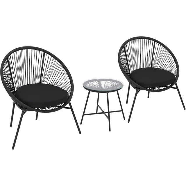 QinaQin Three-Piece Rattan Dining Table and Chair Set, Including Cushions, a Modern Outdoor Rattan Patio Furniture Set, Including Two Chairs and a Glass Coffee Table