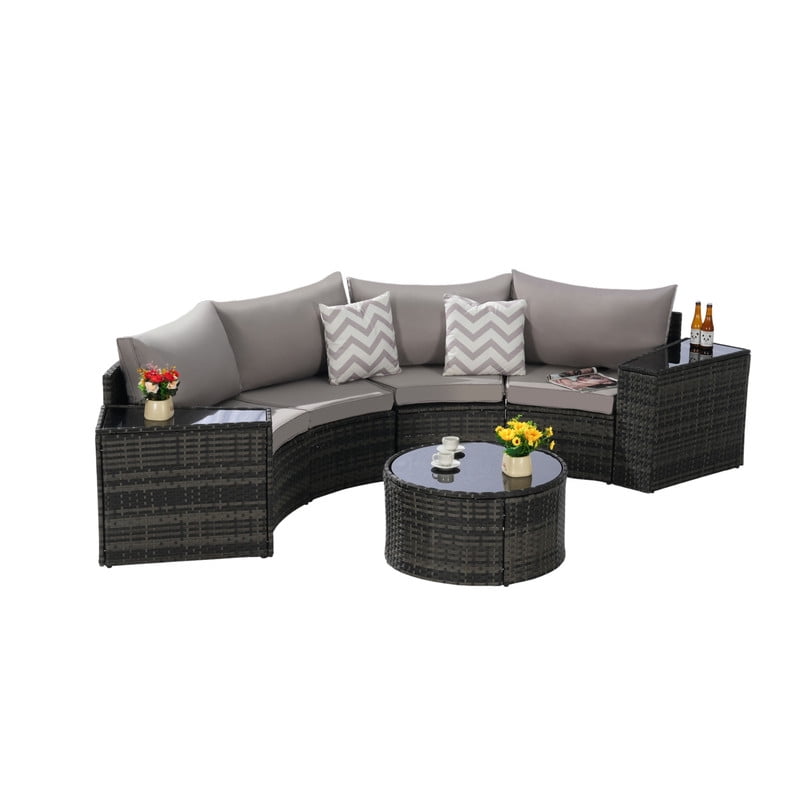 7-Piece Patio Furniture Set with Round Coffee Table, All Weather Wicker PE Rattan Half-Moon Curved Sectional Sofa Set with 2 Side Table for Backyard