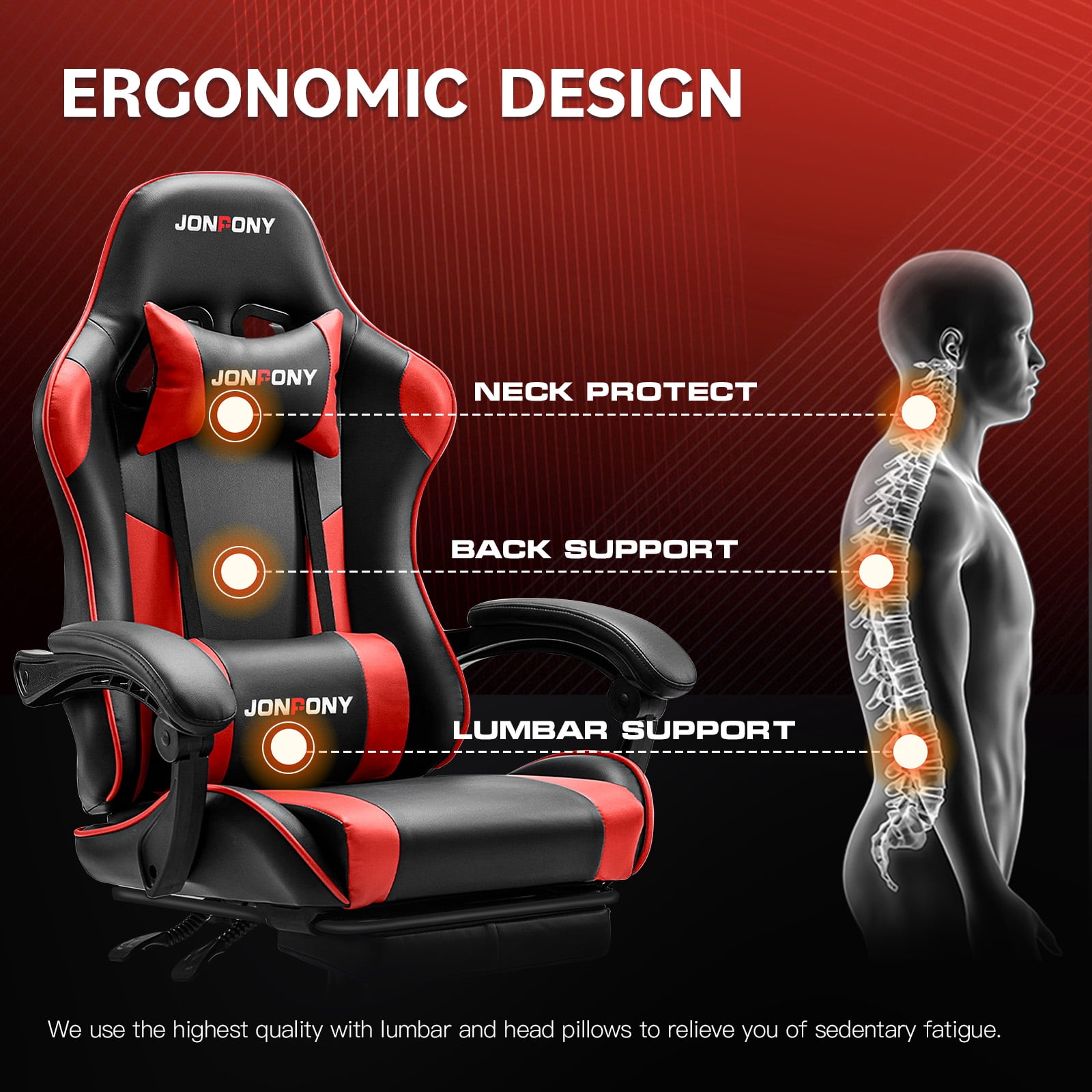 JONPONY Big and Tall 400LBS Gaming Chair, Ergonomic Design, Gamer Chair PU Leather with Footrest and Lumbar Support, High Back Office Chair Support 8 Hours Long Sitting, Computer Chair,Black Red