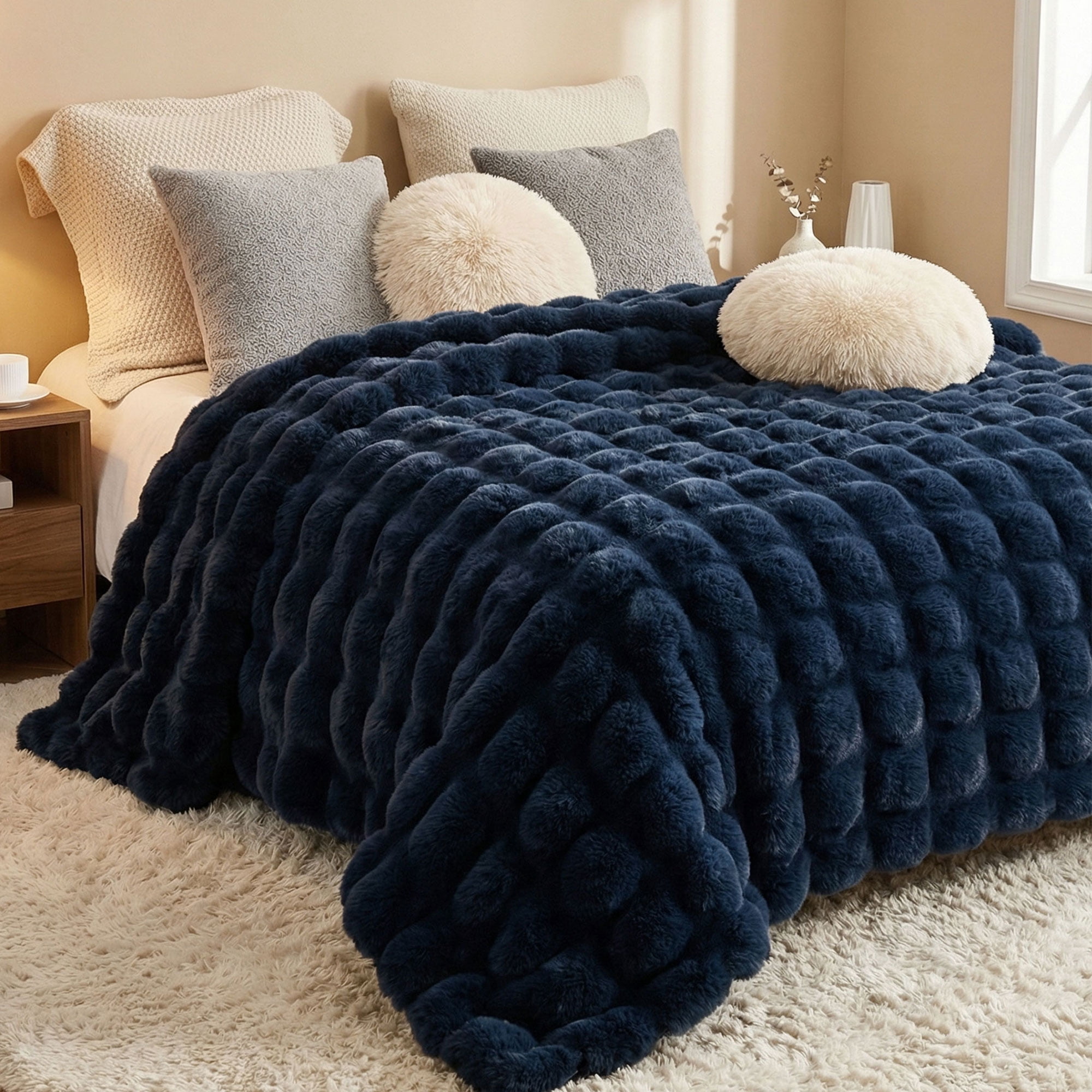 JONIYEAR Soft Solid Decorative Fuzzy Bubble Faux Rabbit Fur Throw Blanket for Couch 50" x 60", Double Sided Cute Plush Thick Warm Fluffy Blanket,Luxury Cozy Puffy Shaggy Comfy Furry Blanket,Navy Blue