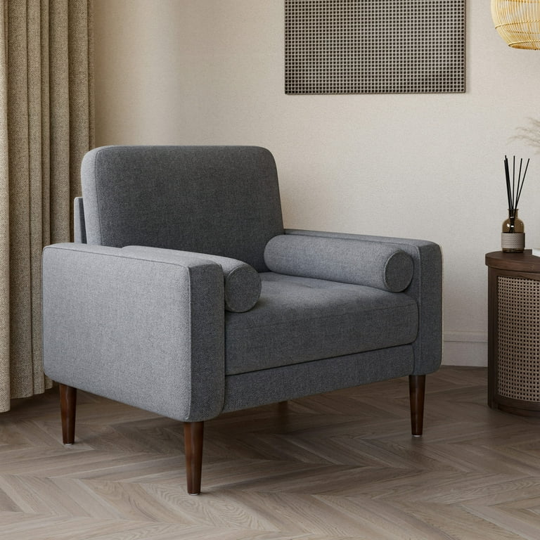 BELLEZE Erik Accent Chair Tufted Linen with Bolster Pillows Grey