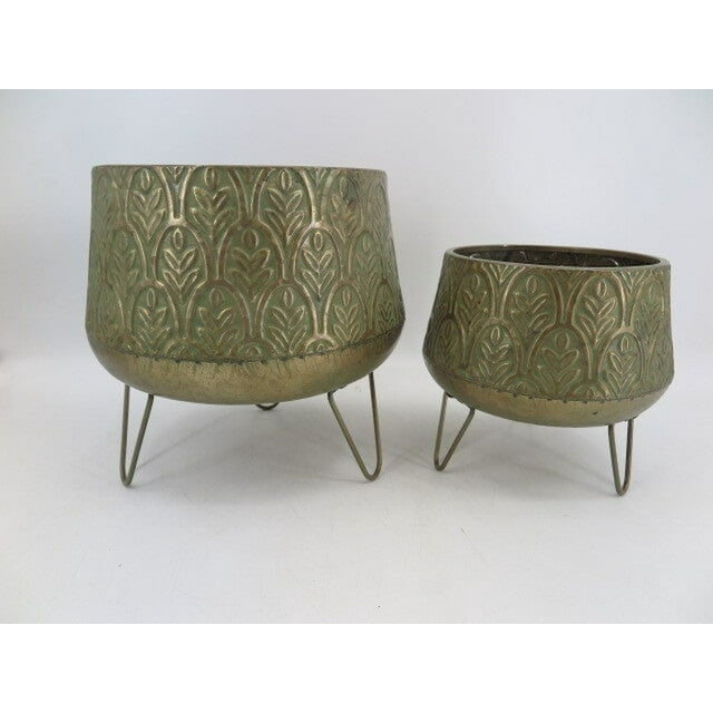 Set Of 2 Aged Copper Finish With Leaf Pattern On Metal Legs Planters