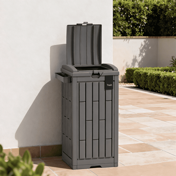 BORGEBY 30 Gallon Outdoor Trash Can with Lid, PP Resin Trash Bin with Ashtray & Removable Tray for Patio, Garden, Backyard